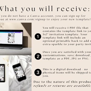 May include: An image with the text "What you will receive:" and instructions for a digital download invitation template. The image shows a laptop, tablet, and phone displaying the invitation design. The Canva logo is visible.