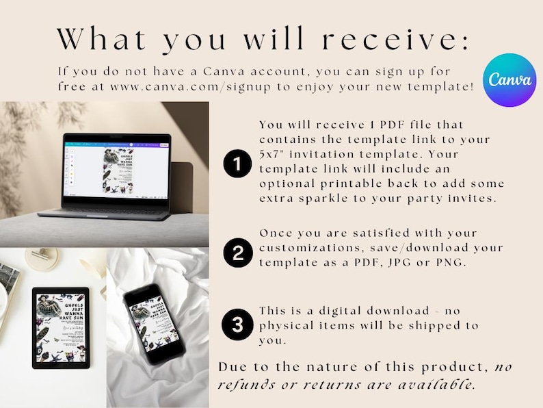 May include: An image with the text "What you will receive:" and instructions for a digital download invitation template. The image shows a laptop, tablet, and phone displaying the invitation design. The Canva logo is visible.