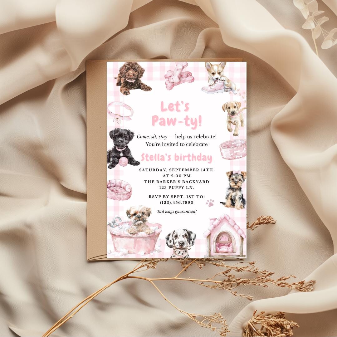 Editable Puppy Birthday Invitation Girl, Pink Dog Birthday Invite, Let ...