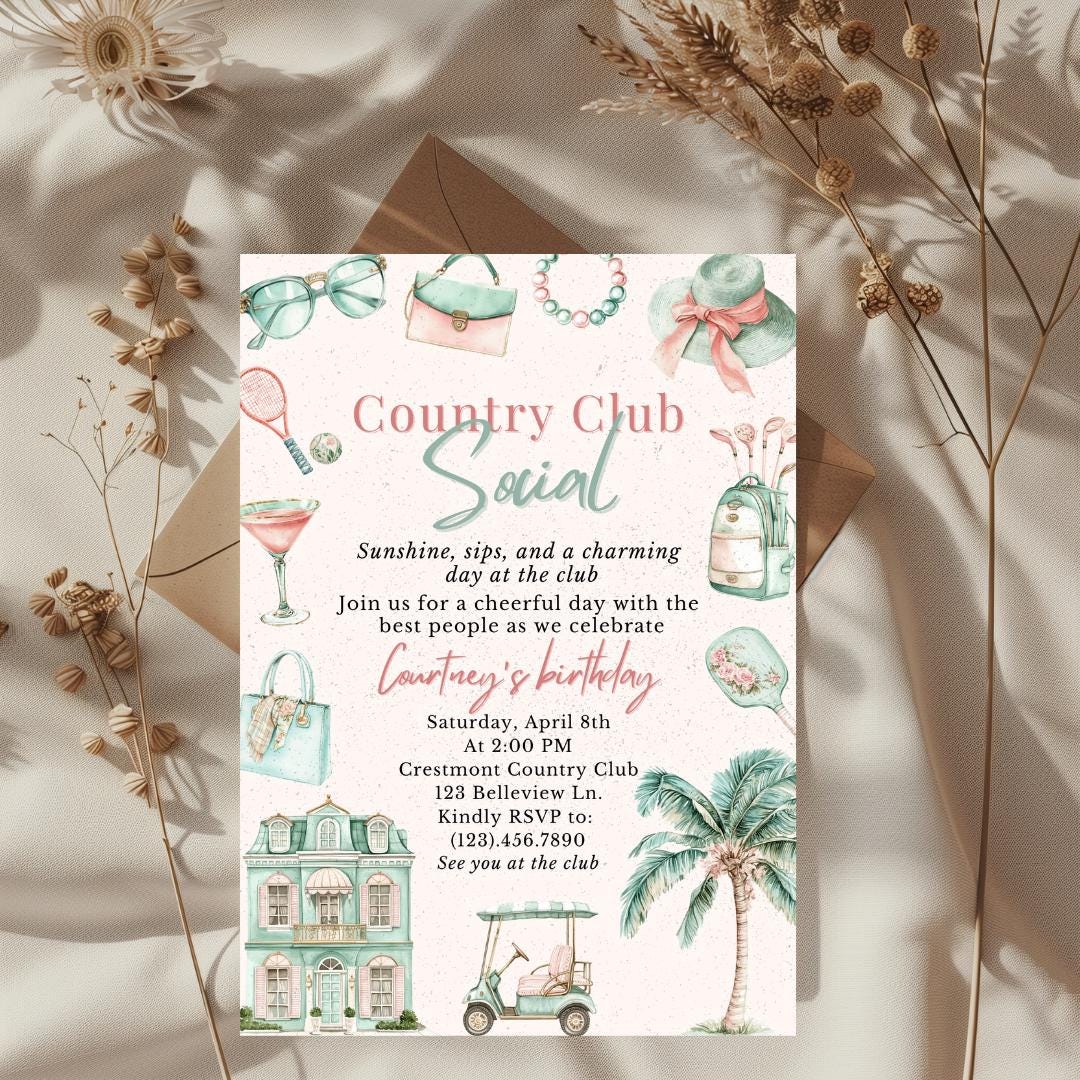 Country Club Social Invitation, Pastel Country Club Party Invite, Golf ...