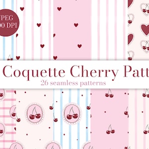 Pode incluir: Uma coleção de 26 padrões digitais sem costura com motivos de cerejas, corações e listras em tons de rosa, branco e azul claro. O texto "Coquette Cherry Patterns" e "26 seamless patterns" é exibido no centro da imagem.
