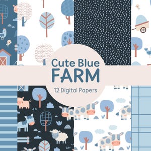 Pode incluir: Uma coleção de 12 papéis digitais com um tema de fazenda azul. Os padrões incluem vacas, porcos, ovelhas, árvores e edifícios de fazenda. O texto "Cute Blue FARM" é exibido em letras azuis grandes, com "12 Digital Papers" abaixo.