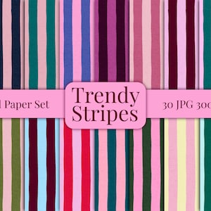 Pode incluir: Conjunto de papel digital com listras verticais em várias cores: vermelho, rosa, azul, verde e marrom. O texto "Trendy Stripes" está em uma faixa rosa, com "30 JPG 300 dpi".