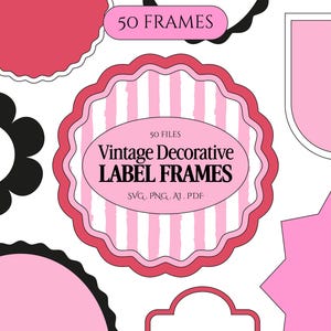 Pode incluir: Uma coleção de molduras de etiquetas decorativas vintage rosa e vermelhas em várias formas, incluindo círculos, ovais e uma estrela. O texto "50 FRAMES" e "Vintage Decorative Label Frames" são exibidos. Inclui formatos de arquivo SVG, PNG, AI e PDF.