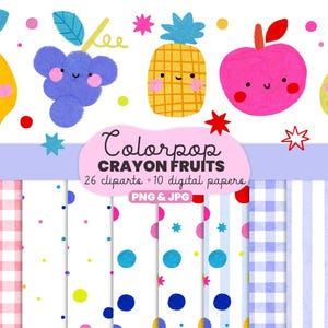 Pode incluir: Uma impressão de arte digital com ilustrações de frutas sorridentes e coloridas, incluindo um limão, uvas, abacaxi, maçã e pêra. O design inclui o texto "Colorpop Crayon Fruits" com 26 cliparts e 10 papéis digitais.