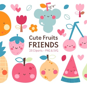 Pode incluir: Uma coleção digital de Cute Fruits FRIENDS 23 Cliparts PNG & SVG com frutas ilustradas, incluindo laranja, uvas, morango, cerejas, abacaxi, maçã, limão, fatia de melancia e pera, todas com rostos sorridentes e bochechas rosadas.