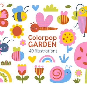 Pode incluir: Uma coleção de ilustrações de desenhos animados coloridos com insetos, flores e elementos de jardim. Inclui borboletas, abelhas, joaninhas, um caracol e uma árvore. O texto "Colorpop GARDEN" e "40 ilustrações" também está presente.