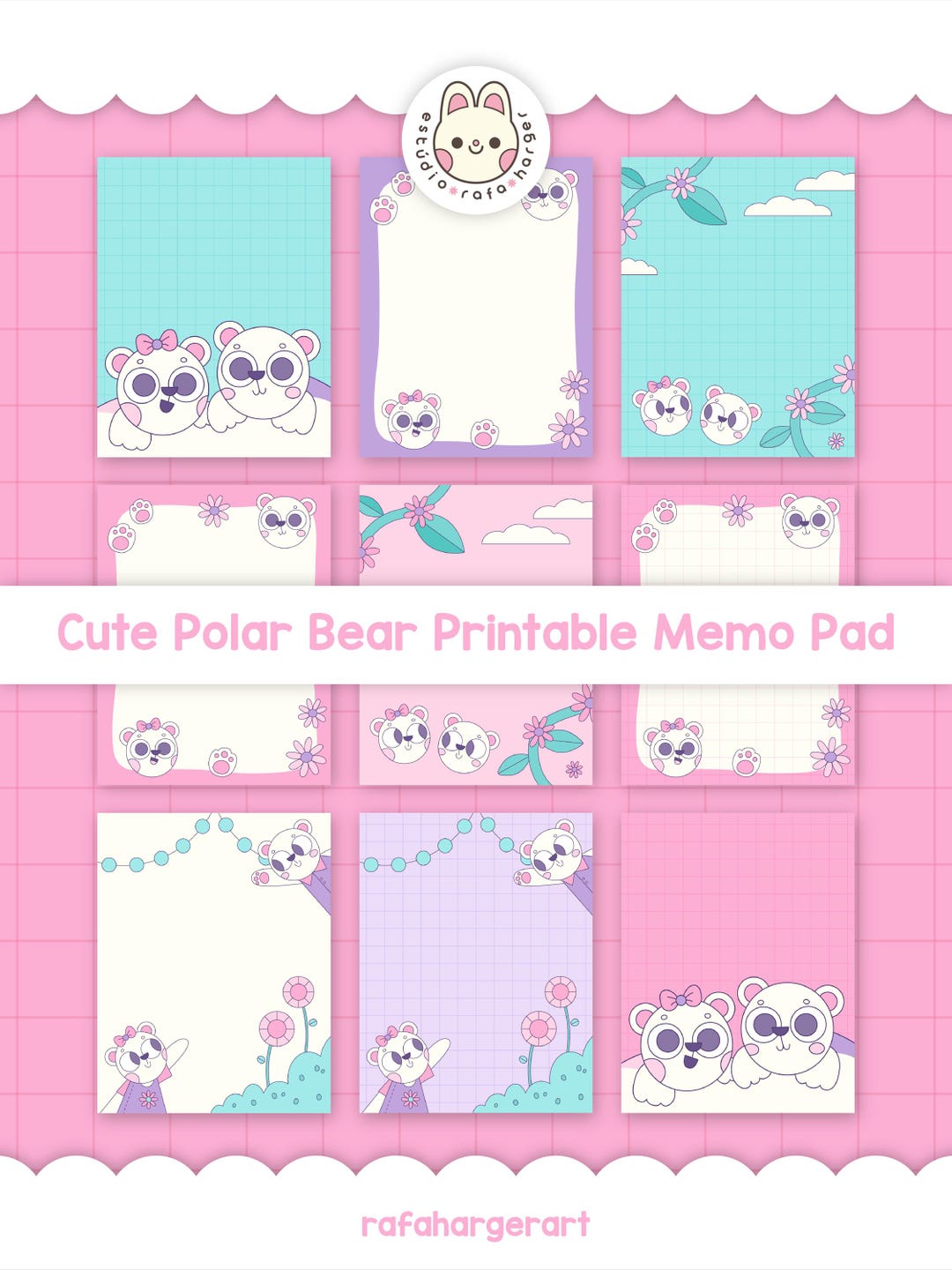 Cute Polar Bears Memo Pad Bundle, Kawaii Printable Notepad Sheets for ...