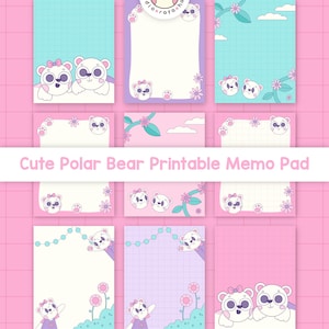 Puede incluir: Colección de blocs de notas imprimibles con ilustraciones de osos polares. Los blocs tienen varios diseños con fondos pastel, detalles florales y patrones de cuadrícula. Se muestra el texto "Cute Polar Bear Printable Memo Pad".