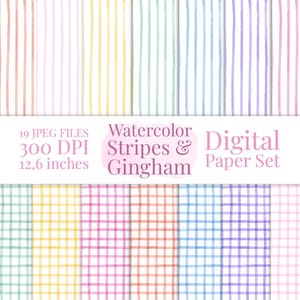 Pode incluir: Um conjunto de papéis digitais com listras e padrões xadrez em aquarela em cores pastel. A imagem inclui 19 arquivos JPEG a 300 DPI e um tamanho de 32 cm. O texto na imagem diz "Watercolor Stripes & Gingham Digital Paper Set."