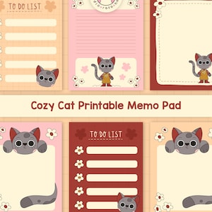 Pode incluir: Uma coleção de blocos de notas imprimíveis com um tema de gato aconchegante. Os blocos apresentam uma variedade de designs, incluindo listas de tarefas e páginas pautadas, com ilustrações de um gato cinza. A paleta de cores inclui rosa, vermelho e creme.