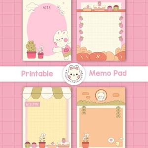 Puede incluir: Cuatro blocs de notas imprimibles con ilustraciones bonitas. Los blocs presentan diseños de conejos, gatos y panadería con líneas de cuadrícula. El texto "Printable Memo Pad" y "Welcome" es visible. El fondo es rosa.