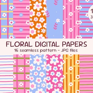 Pode incluir: Uma coleção de 16 papéis digitais sem costura com padrões florais e geométricos em amarelo, rosa, laranja, azul e verde. O texto diz FLORAL DIGITAL PAPERS, 16 seamless pattern - JPG files e 12x12 300 DPI em um círculo branco.