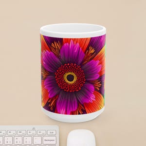 Psychedelic Flower Ceramic Mug, Colorful Floral Design, Unique Coffee Cup, Trippy Tea Mug, Vibrant Drinkware, Boho Kitchen Decor