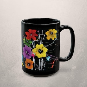 Vibrant Floral Black Coffee Mug - 15oz Ceramic Kitchen Decor
