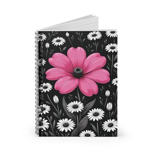 Spiral Notebook, Elegant Floral Design, Ruled Line, Minimalist Journal, Pink Flower Notebook, Black and White Binder, Delicate Floral