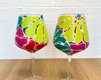 Verres à vin floraux rétro peints à la main - Lot de 2
