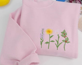 Custom Embroidered Birth Flower Sweatshirt | Personalized Family Flowers Gift | Meaningful Gift for Mom, Grandma | Birthday, Christmas Gift