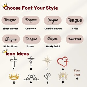 May include: A graphic displaying font style options and icon ideas. The text "Choose Font Your Style" is at the top. Font examples include "Times Roman" and "Chancery". Icon ideas include a cross, a star, and a heart.