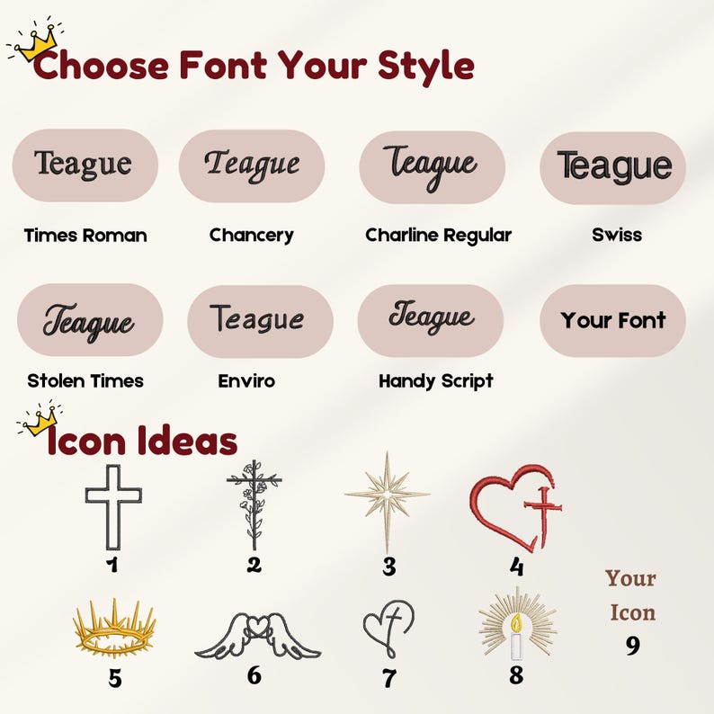 May include: A graphic displaying font style options and icon ideas. The text "Choose Font Your Style" is at the top. Font examples include "Times Roman" and "Chancery". Icon ideas include a cross, a star, and a heart.