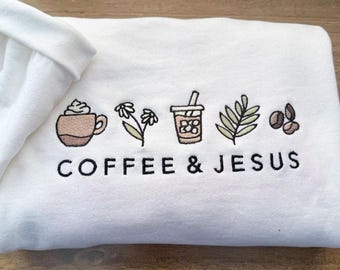 Embroidered Coffee and Jesus Crewneck: Christian Cozy Pullover