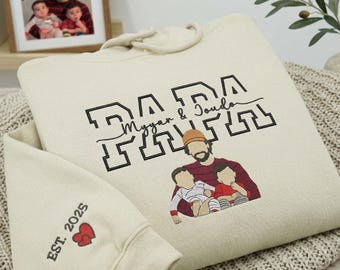 Custom Papa Hoodie with Kids Names, Embroidered Faceless Portrait Shirt, First Father's Day Gift, Varsity Papa Crewneck