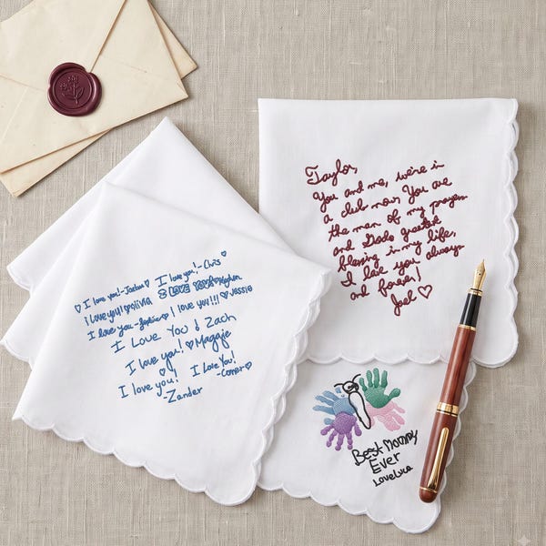 Custom Handwriting Handkerchief, Personalized Embroidered Note Hankie, Wedding, Memorial & Christmas Keepsake Gift