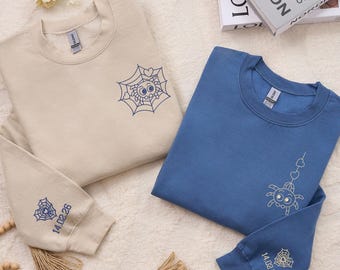Spinnen-Liebe passendes Paar Sweatshirts, niedliches gesticktes Spinnennetz Design, benutzerdefinierte Datum Hülle, Valentinstag Geschenk für Paare