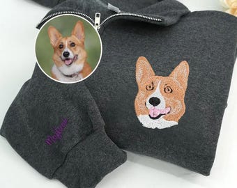 Custom Embroidered Pet Quarter Zip Sweatshirt – Personalized Dog Portrait Zip Up – Custom Dog Mom Full Zip Sweater Gift - Cat Mom