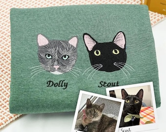 Custom Embroidered Cat Sweatshirt from Your Photo, Personalized Cat Face with Cat Name Hoodie, Custom Embroidery Cat Mom Crewneck