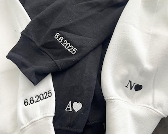 Custom Embroidered Initial Heart Sweatshirt, Couple Shirt, Quote On Sleeve, Couple's Sweatshirt, Wedding, Anniversary, Valentines Day Gift