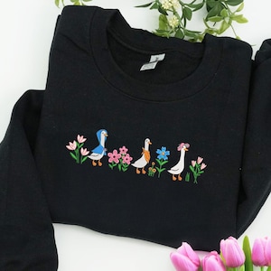 Floral Sweatshirt Embroidered Funny Goose Hoodie, Embroidered Goose and Mini Floral Sweatshirt, Funny Cozy Crewneck, Gift For Her