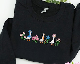 Floral Sweatshirt Embroidered Funny Goose Hoodie, Embroidered Goose and Mini Floral Sweatshirt, Funny Cozy Crewneck, Gift For Her
