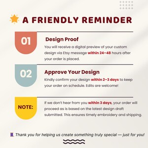 May include: A friendly reminder graphic with text. It includes sections for design proof, design approval, and a note about order processing. The text is in a clear, easy-to-read font, with a star and wave graphic.