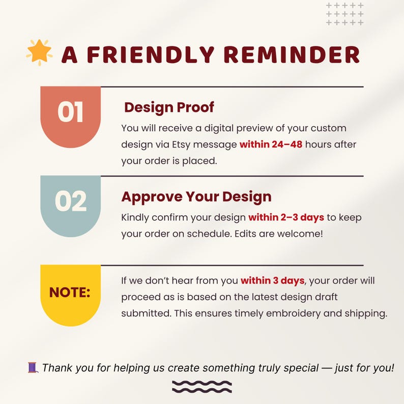 May include: A friendly reminder graphic with text. It includes sections for design proof, design approval, and a note about order processing. The text is in a clear, easy-to-read font, with a star and wave graphic.