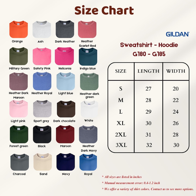 May include: A size chart for Gildan sweatshirts and hoodies, displaying colours such as orange, black, and navy. The chart provides size measurements in inches, from small to 3XL, with length and width dimensions for each size.