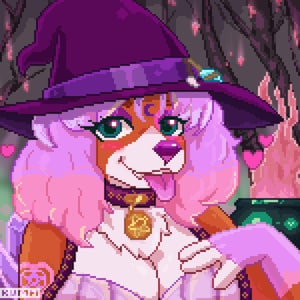 May include: Pixel art illustration of a dog-like character dressed as a witch. The character has pink hair, a purple witch hat, and a gold pendant. The background features a forest with pink hearts.