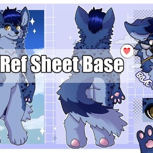 May include: A digital reference sheet featuring a blue wolf-leopard hybrid character with dark blue hair, amber eyes, and spotted fur. The sheet displays full-body front and back views, a headshot with glasses, eye detail, and paw pads.