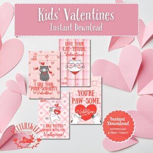 Download instantâneo Cat Kitty Kitten Valentines Day Cards para crianças Classroom Exchange, Printable Cute para pré-escola 1ª 2ª 3ª 4ª 5ª série