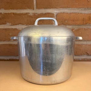 May include: A large, silver-coloured aluminium cooking pot with a lid and a handle. The pot has two side handles and a single handle on the lid. The pot is sitting on a light brown surface, with a red brick wall in the background.