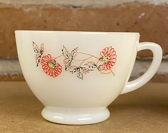 Set of Two, Vintage Anchor Hocking Fire-King Milk Glass Tea Cups with Fleurette Pattern