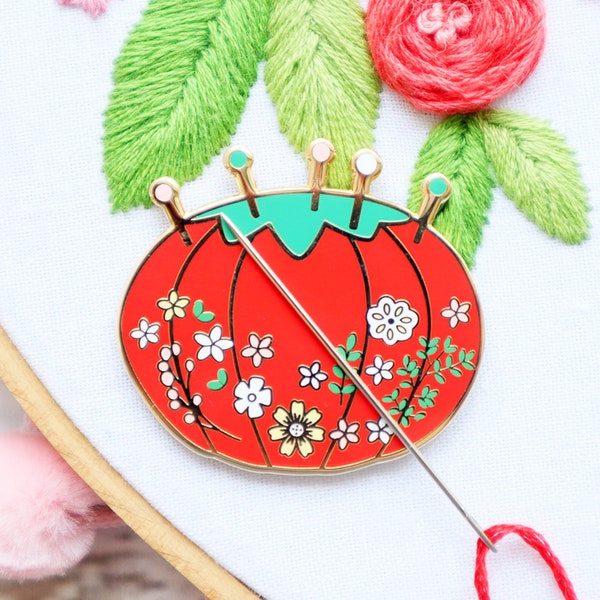 Vintage Floral Pin Cushion - Magnetic Embroidery Needle Minder