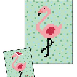 May include: A digital quilt pattern featuring a pink flamingo with a red heart on its chest. The flamingo is standing on one leg on a green background with white and blue polka dots. The pattern includes a bonus Christmas flamingo layout. The quilt size is 60 inches by 80 inches.