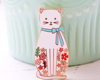 White Floral Cat Enamel Pin