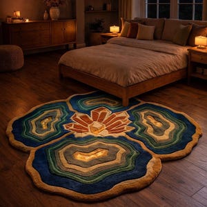 May include: A colorful, patterned rug with a layered design, featuring shades of blue, green, and gold. The rug has a central floral-like motif in orange and beige, and is placed on a wooden floor in a bedroom setting.