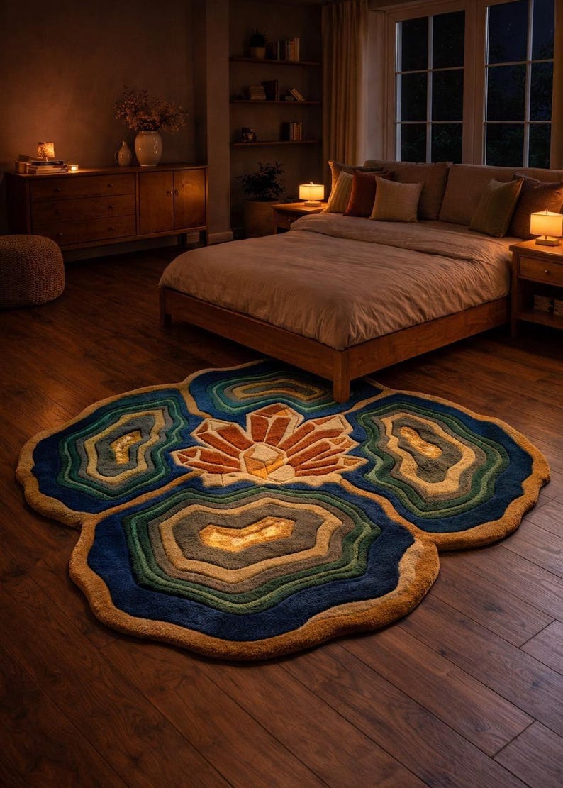 May include: A colorful, patterned rug with a layered design, featuring shades of blue, green, and gold. The rug has a central floral-like motif in orange and beige, and is placed on a wooden floor in a bedroom setting.