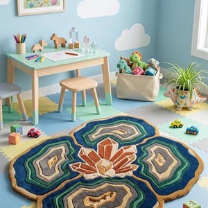 May include: A colorful children's playroom with a blue and green rug shaped like a geode. The rug has layers of blue, green, and tan. A small table and chairs are in the background, along with toys and a framed picture.