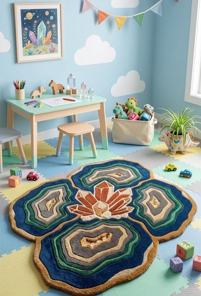 May include: A colorful children's playroom with a blue and green rug shaped like a geode. The rug has layers of blue, green, and tan. A small table and chairs are in the background, along with toys and a framed picture.