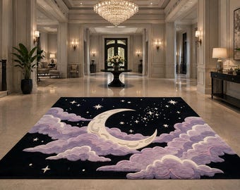 Celestial Wool Rug with Purple Clouds, Hand-Tufted Carpet for Luxury Spaces