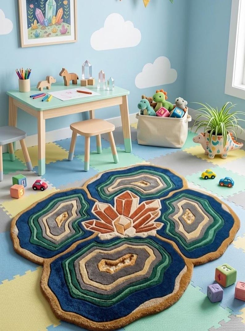 May include: A colorful rug with a crystal design in a child's playroom. The rug features shades of blue, green, brown, and orange. The room also includes a small table, chairs, toys, and a dinosaur-shaped planter.